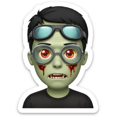 Zombie Emoji AppleIOS Style, lowfade Black Hair, Skin Goggles on right slide of The Head, and Black T-shirt sticker