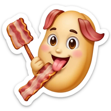 tongue out emoji holding a bacon strip, playful pose sticker