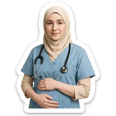 a hijabi midwife with pale skin, gentle expression, medical attire, stethoscope, caring pose sticker