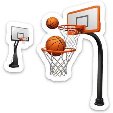 A close-up shot of a basketball entering the hoop, with the ball swishing through and inside  the basket. The background features a blurred basketball court, emphasizing the perfect shot and the excitement of the game. sticker