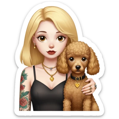 a  girl with glod  straight hair and tattoos and 2 brown poodles sticker