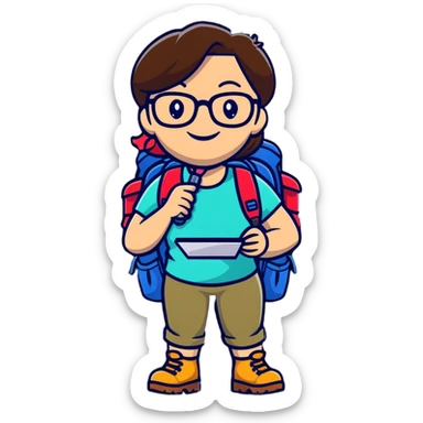 Very cheerful excited woman in her 40s with glasses wearing sporty outfit, hiking boots, and backpack, holding a magnifying glass with big smile sticker