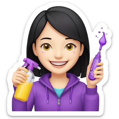 a cheerful girl with black hair, yellow teeth visible in a wide smile, holding a thin purple spray bottle with a closed lid, Genmoji emoji style sticker