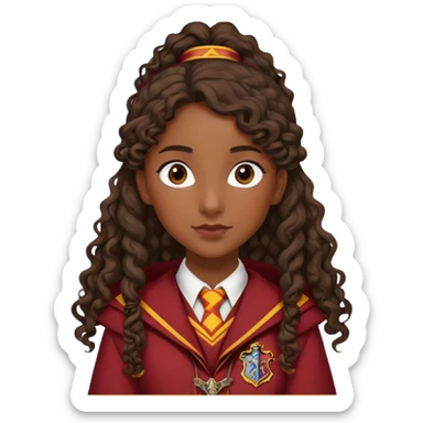 Alicia Spinnet in harry potter, wear hogwarts gryfindor uniform, long, dark, curly ponytail hair, dark skin sticker