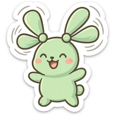 pastel green bunny with fan blades for ears, spinning, cheerful expression, full-body sticker