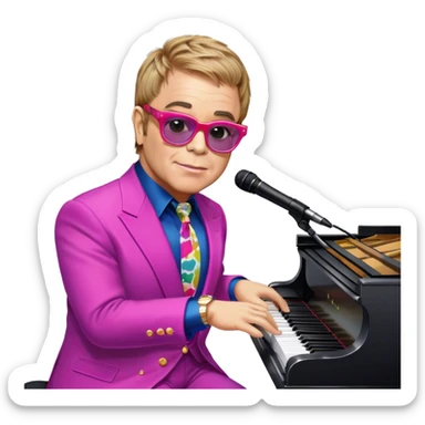 Pop music icon: Elton John at the piano in signature glasses and colorful outfit, George Michael holding a microphone in stylish attire. Stage lights and musical notes in the background. Transparent background. sticker