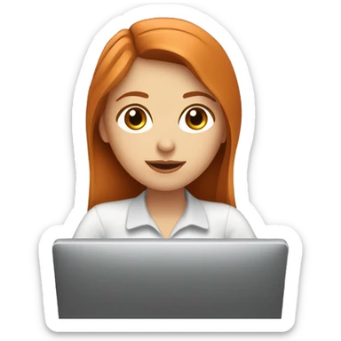 A woman with copper hair, white skin and hazel eyes is working on her computer in front of her and this person is an engineer. sticker