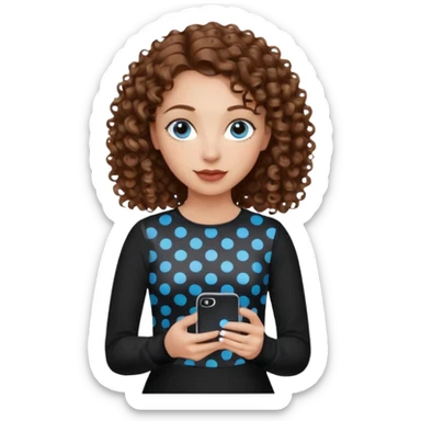 generate a pretty woman with blue eyes, light skin and medium brown curly shiny hair holding an iphone with a black and white polka dot case. she is looking at the phone and holding it in her hand. she is wearing a black long sleeve sticker