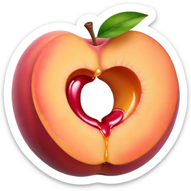 pink hole in the middle of a peach that doesnt go all the way through. milk is leaking out of the hole sticker