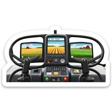 a view from the tractor cabin, with the dashboard in focus, overlooking a vibrant rural landscape. Inspired by Farming Simulator 22, the scene includes fields, crops, and distant barns under a bright sky. The design highlights the immersive experience of farm management. transparent background sticker