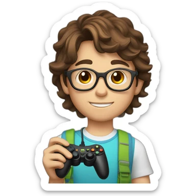 A 12-year-old boy with brown hair and glasses holds a joystick in his hands sticker