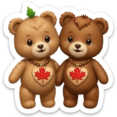 2 fluffy Teddy bears in love. One has an acorn necklace and a maple leaf necklace  sticker