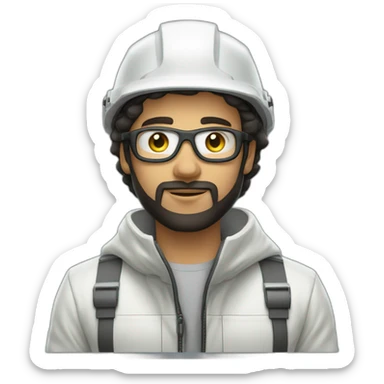 A young Mechanical engineer with a light black beard, a white helmet and a phosphorescent protection jacket sticker