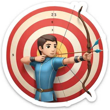 An archer drawing a bow and aiming an arrow at a target, with perfect focus and precision. The target is visible in the background, featuring concentric rings. The scene captures the concentration and skill involved in archery, emphasizing the elegance and accuracy of the sport. sticker