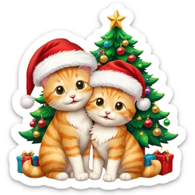 two hugging golden tabby happy fluffy cute smiling kittens with Santa hats by a colorful multicolored brightly lit up Christmas tree sticker