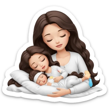 White Barbie girl dark brown long wavy hair in white clothes sleeping with white baby at cream bed, eyes are closed sticker
