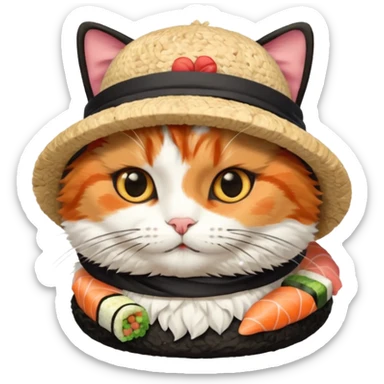 cat wearing a hat made out of sushi sticker