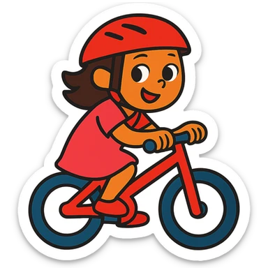 Change the girl's dress color to pink, keep the red bike helmet, no background. Maintain the vibrant colors style of the image. sticker