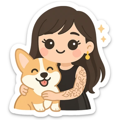 expressive emoji of an Asian girl wearing a black sleeveless leather dress with gold earrings, long hair with wispy deep side-parted bangs, false lashes, and a 3/4th sleeve tattoo on her left arm, hugging a happy tri-color Corgi, kawaii style sticker