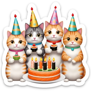 exactly six individual cats in a row celebrating one cat's birthday, each cat clearly visible and holding a piece of sushi, birthday cake in center, all six cats with party hats sticker