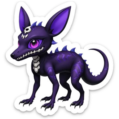 Gothic spooky Scaley Exotic Salandit-Umbreon-Noibat-Fakémon-hybrid-creature (full body), 4 legs, white skull face mask sticker