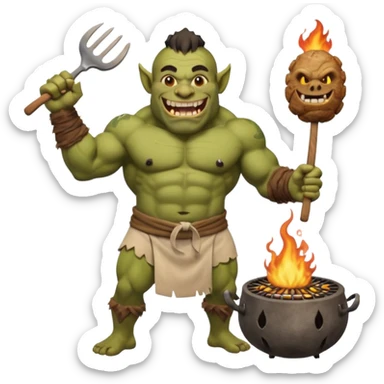 ork male master chef flipping huge kebabs on stone barbecue, muscular, loincloth or shorts, big tusked grin, smoke, centered emoji sticker