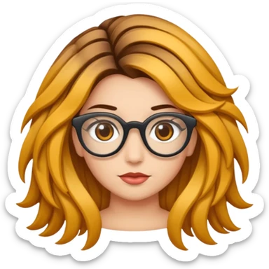 Uma garota de cabelos cacheados compridos e mechas loiras, com pele morena  e óculos sticker