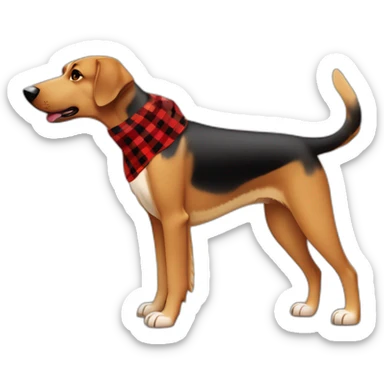 adult 75% Coonhound 25% German Shepherd mix dog with visible tail wearing small pointed red buffalo plaid bandana full body walking left quickly sticker