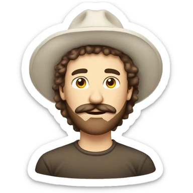 Tall white fluffy brown hair guy wearing hat with mustache sticker