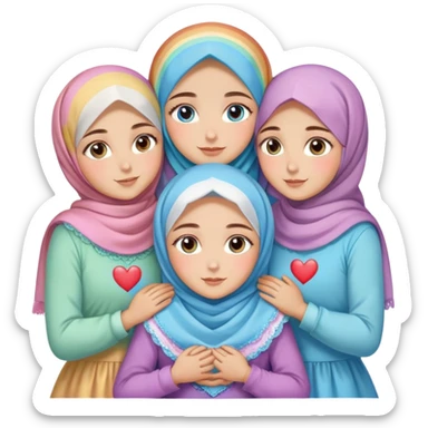 Four sister hugs Turkish girls beautiful finish Konya brown and blue eyes with rainbow pastel hijab and heart dress and hugs  sticker