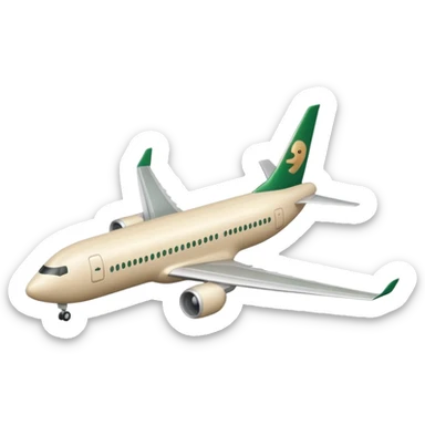 long modern light beige airliner with dark green logo on tail, emoji style sticker