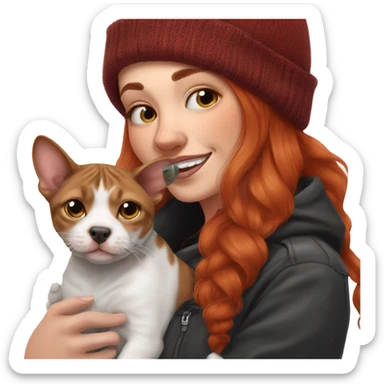 Long Red haired woman in beanie with septum piercing holding black and white English Staffordshire puppy and tabby cat sticker