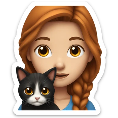 long haired brunette girl with blue eyes holding black and orange cats sticker