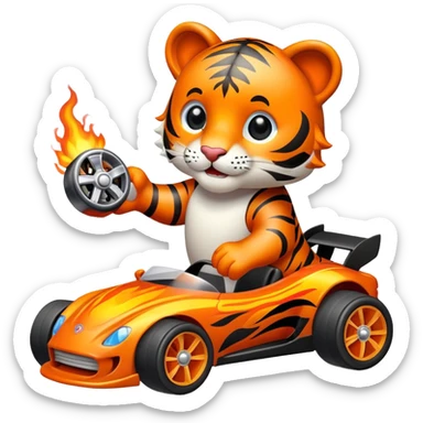 cute tiger holding toy hot wheel car with wheels on fire sticker