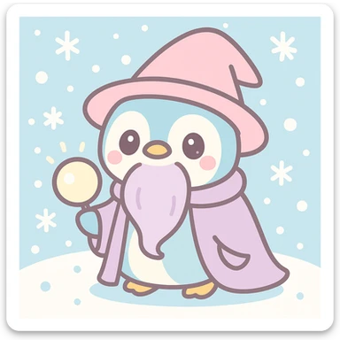 Add a snowy background behind the penguin wizard, keeping the whimsical kawaii style. sticker