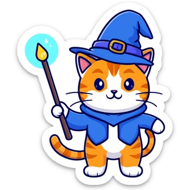 Cute orange tabby cat with a blue wizard hat and a glowing magic wand sticker