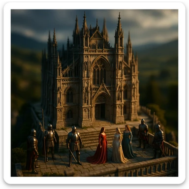tilt-shift 3D model of a Gothic palace featuring knights and beautiful ladies, dramatic cinematic lighting, epic mood, blurred natural landscape as background sticker