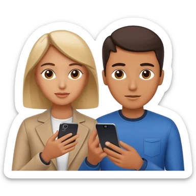 Generate a realistic emoji of a two people using a phone which shows artificial intelligence. Out of the phone is coming 3d ideas and electric symbols and a lot of small ideas popping up sticker