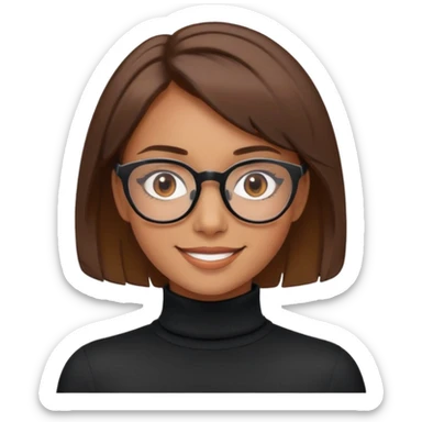 girl with brown short hair ,glasses, brown eyes ,smile,black turtleneck , sticker