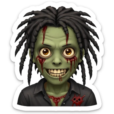 zombie with brown skin, messy black dreads hair, wide centered brown eyes, dark bloody marks under the eyes, and a smile showing shiny metal teeth,black shirt, giving a distressed, undead look. sticker