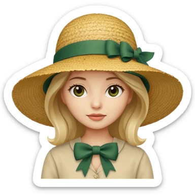 light beige women's straw hat with large brim and dark green bow sticker