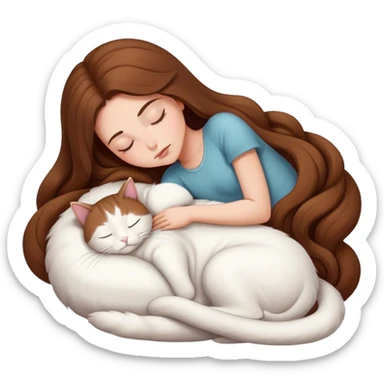 A pretty white girl with very long brown hair and sleeping curled up to a white cat  sticker