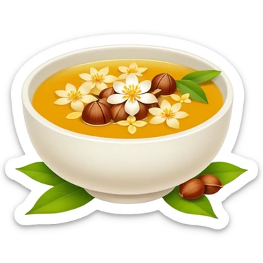 Hangzhou Osmanthus Cassia Soup with chestnuts and flower petals, simplified emoji style with bold outlines and bright colors, cartoon style fragrant dessert bowl sticker