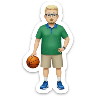 Full Body white male plus size wearing glasses with a goatee with light blonde and gray very short hair mad basketball head Coach in blue and green wearing Nike polo sticker