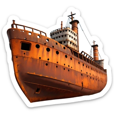 rusted ship wreck, heavily corroded metal hull, orange-brown rust textures, abandoned old ship, weathered surface, dramatic lighting, cinematic atmosphere, 3D cartoon style, mobile game environment art, clean composition, no people, no text, no watermark
 sticker