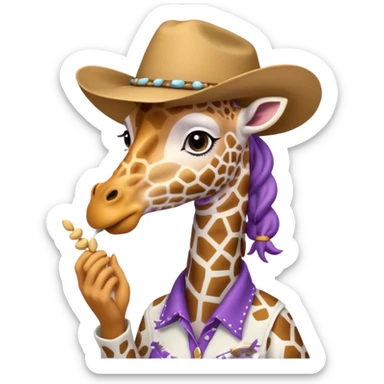 purple cartoon giraffe wearing a white cowgirl hat eating peanuts sticker