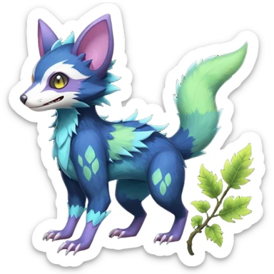 Realistic Sharp swampy mossy elemental ivy detailed Colorful translucent luminescent glowing Trico-Noibat-batty-Sergal-Furret-Ferret-Wolverine-Vernid-furry-fursona-fusion-Fakemon-animal-hybrid-creature, full body sticker