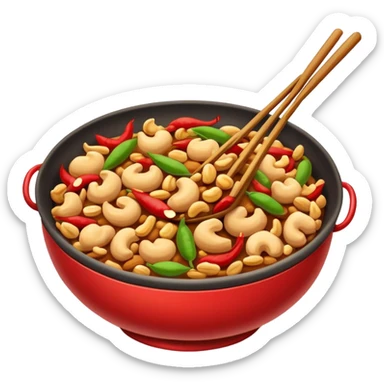 Kung Pao Chicken with peanuts and dried chilies in wok, simplified emoji style with bold outlines and bright colors, cartoon style Gongbao Jiding classic stir-fry sticker