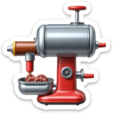 sausage-processing droid. retro-futuristic style. top is a circular industrial meat grinder with rotating gears and blades. Two robotic arms feed material into grinder. Sausage links extrude from the rear like  factory. The body is metallic, compact, and floats above the ground.no legs. Dark humor sticker