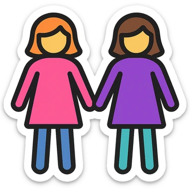 Add subtle color accents to the icon of two women holding hands, maintain minimal style and transparent background. sticker